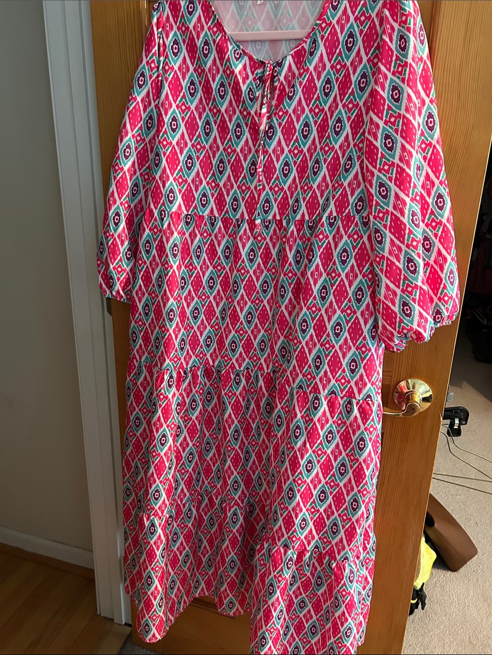 Pink Geometric Tiered Midi Dress with Tie Neck